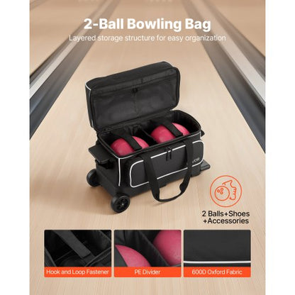 Bowlingväska för 2 bollar med hjul, bowlingväska med dubbla rullar, skofack