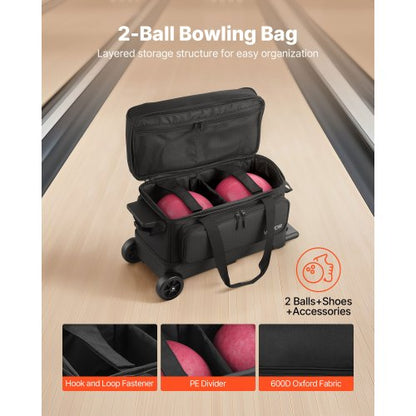 Bowling bag for 2 balls with wheels, bowling bag with double rollers, shoe compartment