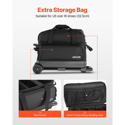 Bowling bag for 2 balls with wheels, bowling bag with double rollers, shoe compartment