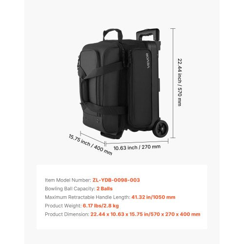 Bowling bag for 2 balls with wheels, bowling bag with double rollers, shoe compartment