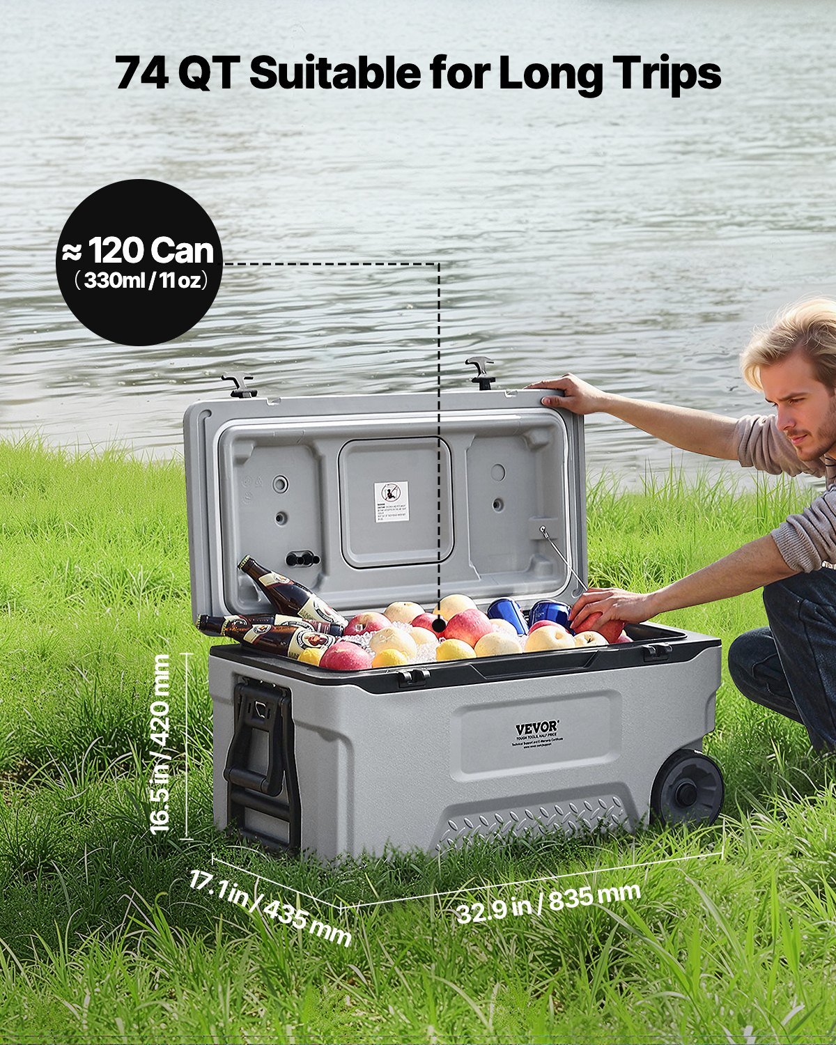 Portable Cooler 74 QT Wheeled Cooler 120 Can Capacity with Cup Holder