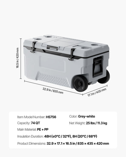Portable Cooler 74 QT Wheeled Cooler 120 Can Capacity with Cup Holder