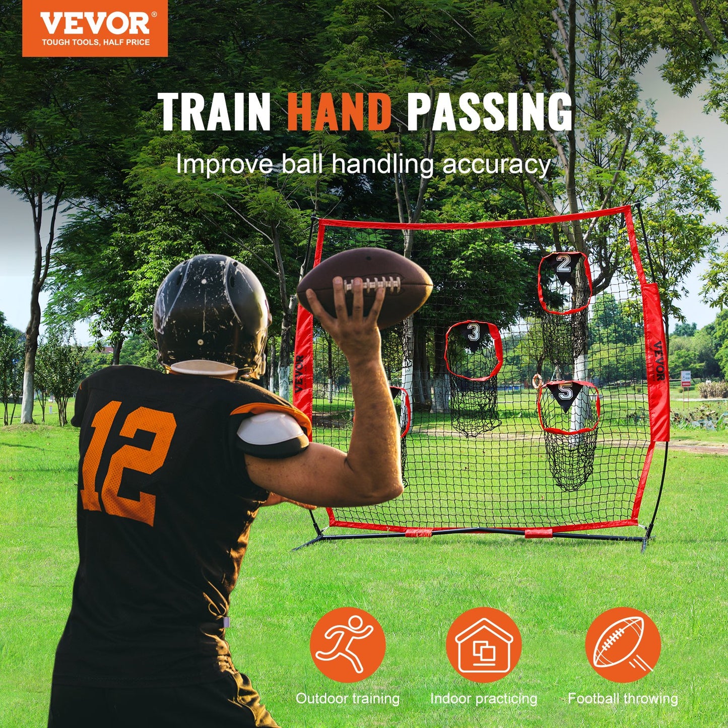 7 x 7 ft Football-Trainer-Wurfnetz, Trainings-Wurftor-Trainingsnetz mit 5 Tortaschen, knotenloses Netz inklusive Korbrahmen und tragbarer Tasche, verbessert die Wurfgenauigkeit des Quarterbacks, rot