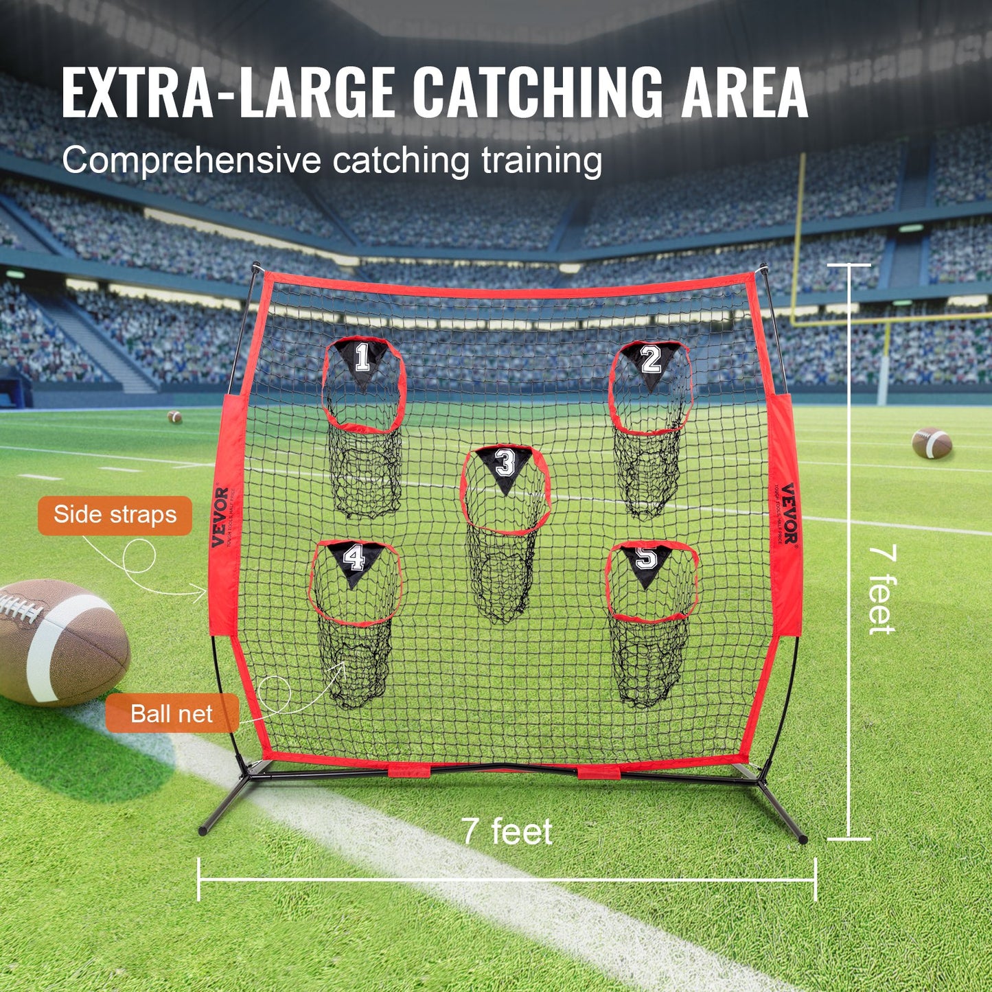 7 x 7 ft Football-Trainer-Wurfnetz, Trainings-Wurftor-Trainingsnetz mit 5 Tortaschen, knotenloses Netz inklusive Korbrahmen und tragbarer Tasche, verbessert die Wurfgenauigkeit des Quarterbacks, rot