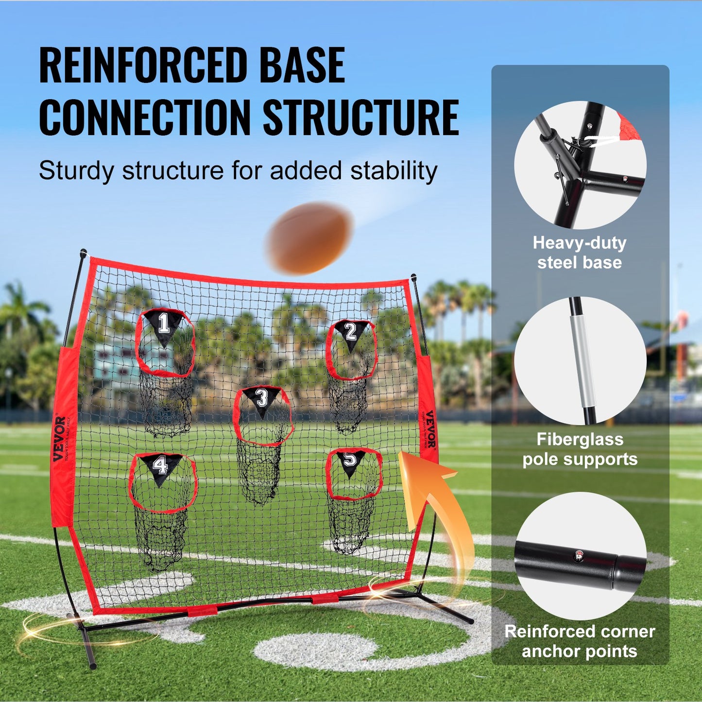 7 x 7 ft Football-Trainer-Wurfnetz, Trainings-Wurftor-Trainingsnetz mit 5 Tortaschen, knotenloses Netz inklusive Korbrahmen und tragbarer Tasche, verbessert die Wurfgenauigkeit des Quarterbacks, rot