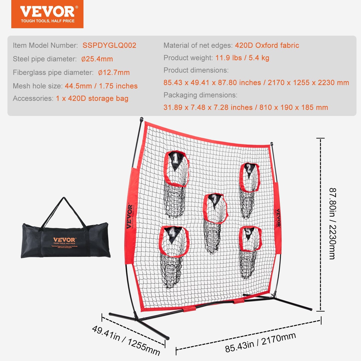 7 x 7 ft Football-Trainer-Wurfnetz, Trainings-Wurftor-Trainingsnetz mit 5 Tortaschen, knotenloses Netz inklusive Korbrahmen und tragbarer Tasche, verbessert die Wurfgenauigkeit des Quarterbacks, rot