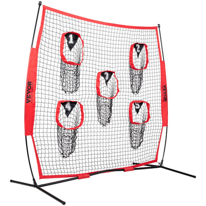 7 x 7 ft Football-Trainer-Wurfnetz, Trainings-Wurftor-Trainingsnetz mit 5 Tortaschen, knotenloses Netz inklusive Korbrahmen und tragbarer Tasche, verbessert die Wurfgenauigkeit des Quarterbacks, rot
