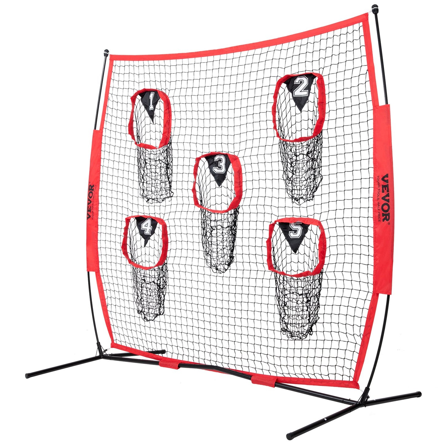 7 x 7 ft Football-Trainer-Wurfnetz, Trainings-Wurftor-Trainingsnetz mit 5 Tortaschen, knotenloses Netz inklusive Korbrahmen und tragbarer Tasche, verbessert die Wurfgenauigkeit des Quarterbacks, rot