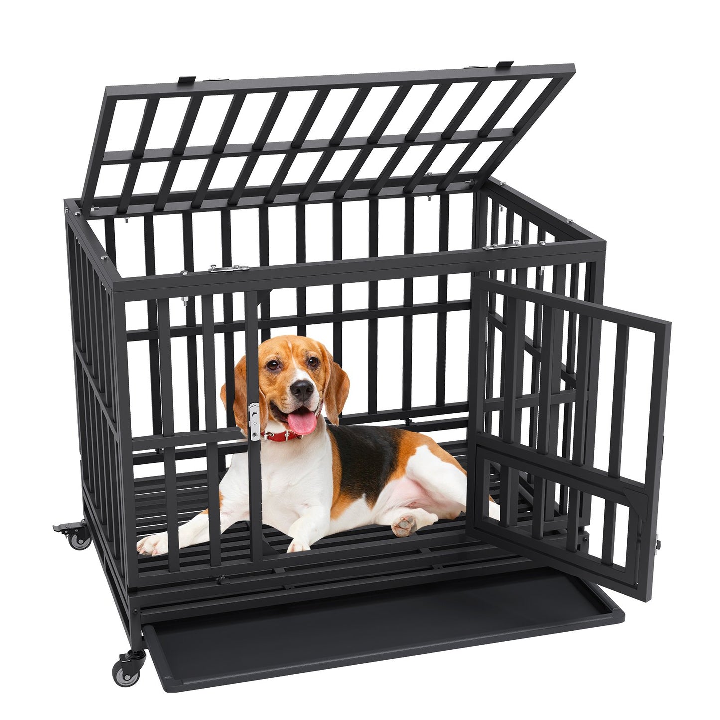 38 Zoll robuste Hundebox, unzerstörbare Hundebox, 3-türige robuste Hundebox für mittelgroße bis große Hunde mit feststellbaren Rädern und herausnehmbarem Tablett, Hundebox für stark ängstliche Hunde für drinnen und draußen