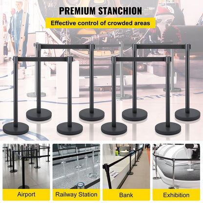 Crowd Control Stång, 8 delar Stång Set, med 6,6 fot/2 m svart infällbart bälte, svart Crowd Control Barriär med betong och metallbas, Easy Connect Montering