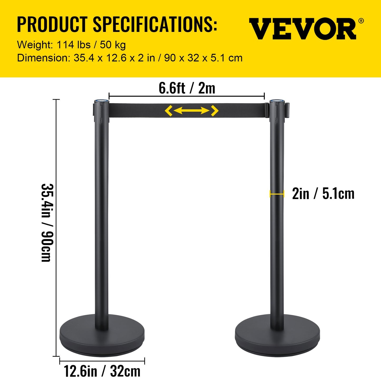 Crowd Control Stång, 8 delar Stång Set, med 6,6 fot/2 m svart infällbart bälte, svart Crowd Control Barriär med betong och metallbas, Easy Connect Montering