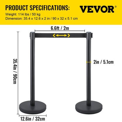 Crowd Control Stång, 8 delar Stång Set, med 6,6 fot/2 m svart infällbart bälte, svart Crowd Control Barriär med betong och metallbas, Easy Connect Montering