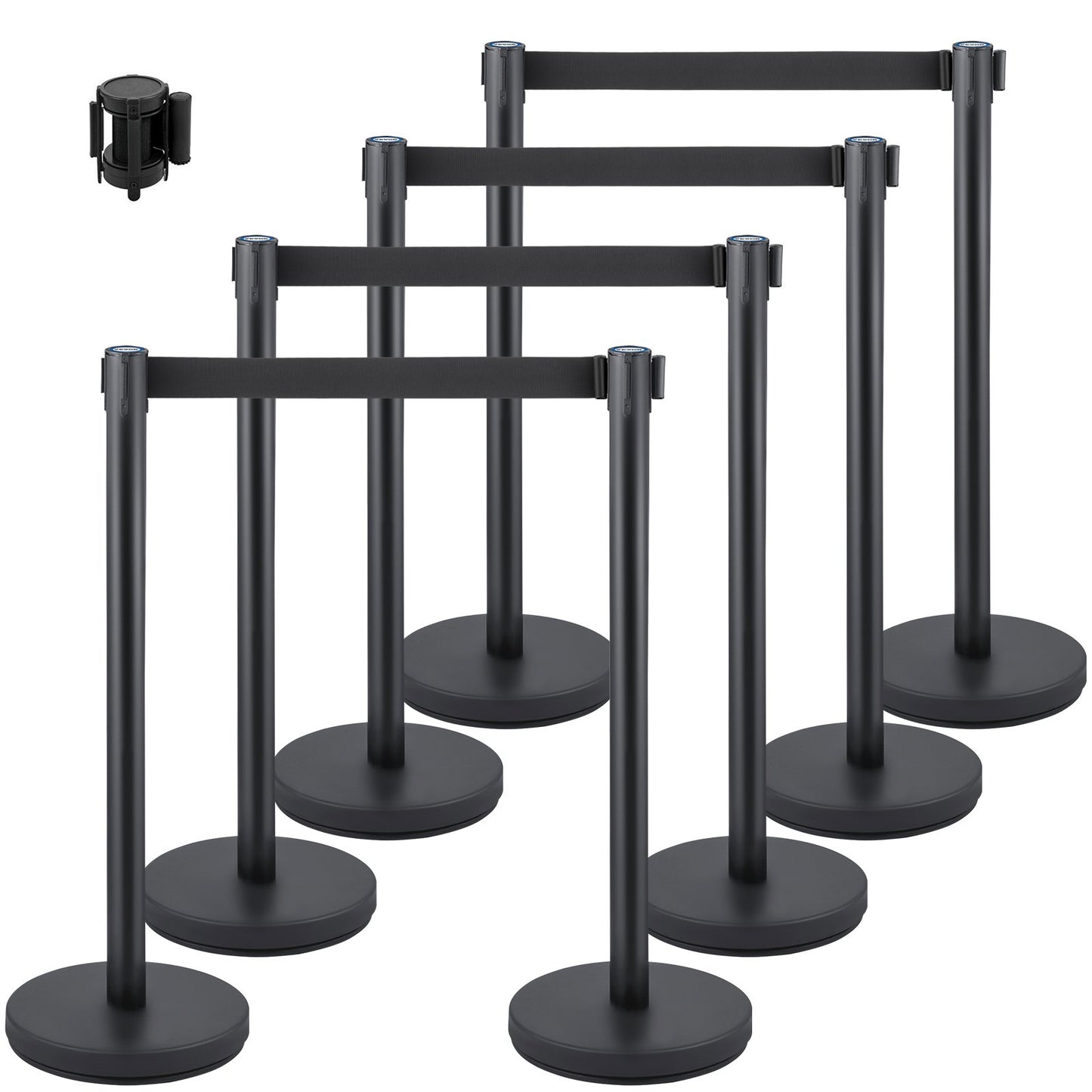 Crowd Control Stång, 8 delar Stång Set, med 6,6 fot/2 m svart infällbart bälte, svart Crowd Control Barriär med betong och metallbas, Easy Connect Montering