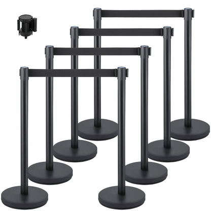 Crowd Control Stång, 8 delar Stång Set, med 6,6 fot/2 m svart infällbart bälte, svart Crowd Control Barriär med betong och metallbas, Easy Connect Montering