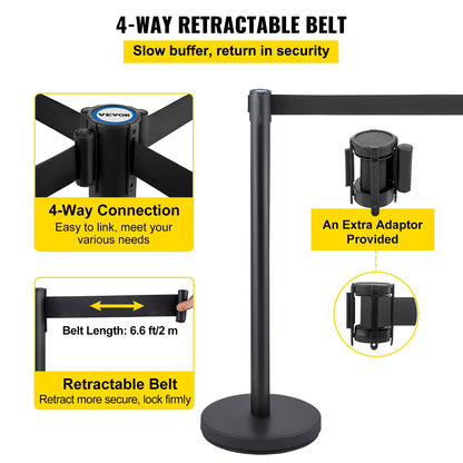 Crowd Control Stång, Set med 6 delar Stångsats, Stångsats med 6,6 fot/2 m svart infällbart bälte, svart Crowd Control Barriär med betong och metallbas – Easy Connect Montering