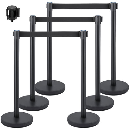 Crowd Control Stång, Set med 6 delar Stångsats, Stångsats med 6,6 fot/2 m svart infällbart bälte, svart Crowd Control Barriär med betong och metallbas – Easy Connect Montering