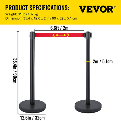 Crowd Control Stång, Set med 6 delar Stångsats, Stångsats med 6,6 fot/2 m rött infällbart bälte, svart Crowd Control Barriär med gummibas – Enkel anslutningsenhet för Crowd Control