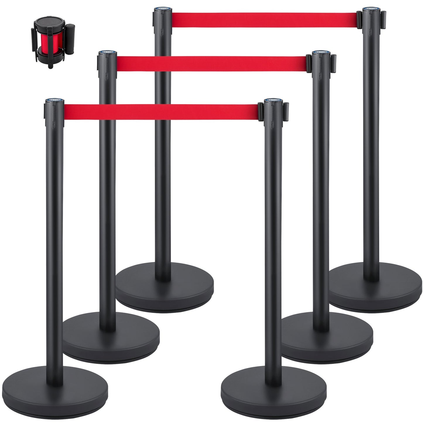 Crowd Control Stång, Set med 6 delar Stångsats, Stångsats med 6,6 fot/2 m rött infällbart bälte, svart Crowd Control Barriär med gummibas – Enkel anslutningsenhet för Crowd Control