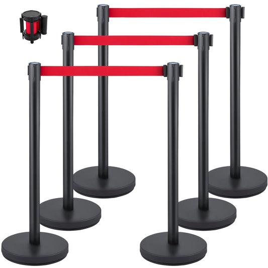 Crowd Control Stång, Set med 6 delar Stångsats, Stångsats med 6,6 fot/2 m rött infällbart bälte, svart Crowd Control Barriär med gummibas – Enkel anslutningsenhet för Crowd Control