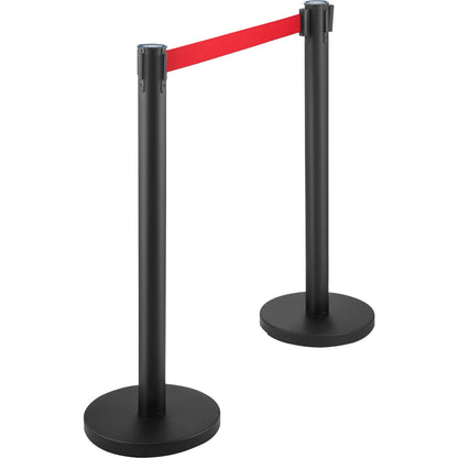 Crowd Control Stång, Set med 6 delar Stångsats, Stångsats med 6,6 fot/2 m rött infällbart bälte, svart Crowd Control Barriär med gummibas – Enkel anslutningsenhet för Crowd Control