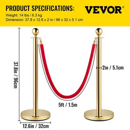 Set med 2 Guld Round Top Queue Control Barriärstolpar Stativ Säkerhetsstativ repavdelare med 1,5 M rött rep Crowd Control Barriär Guld Round top Column