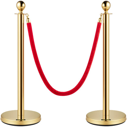 Set med 2 Guld Round Top Queue Control Barriärstolpar Stativ Säkerhetsstativ repavdelare med 1,5 M rött rep Crowd Control Barriär Guld Round top Column