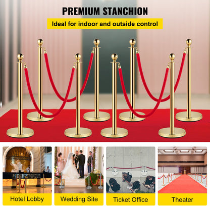 Crowd Control Stång, Set med 8 delar Stång Set, Stål Set med 5 fot/1,5 m rött sammetsrep, Gold Crowd Control Barriär med robust betong och metallbas – Enkel montering