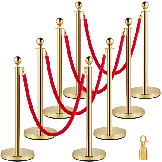 Crowd Control Stång, Set med 8 delar Stång Set, Stål Set med 5 fot/1,5 m rött sammetsrep, Gold Crowd Control Barriär med robust betong och metallbas – Enkel montering