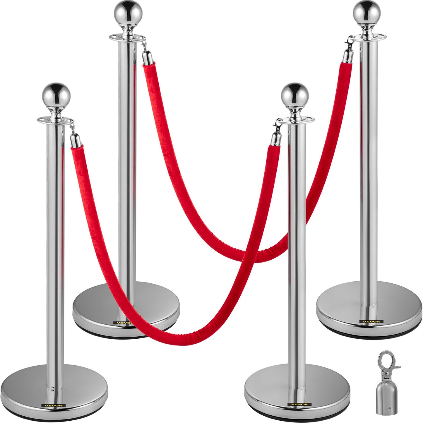 Infällbar Silver Round Top Queue Control Barriärstolpar Stativ Säkerhetsstativ repavdelare med 1,5 M rött rep Crowd Control Barriär Silver Round Top Column