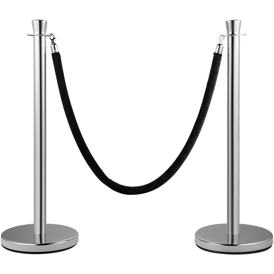 Crowd Control Stång, Set med 2 delar Stång Set, Stång Set med 5 fot/1,5 m svart sammetsrep, Silver Crowd Control Barriär med robust betong och metallbas - Enkel montering