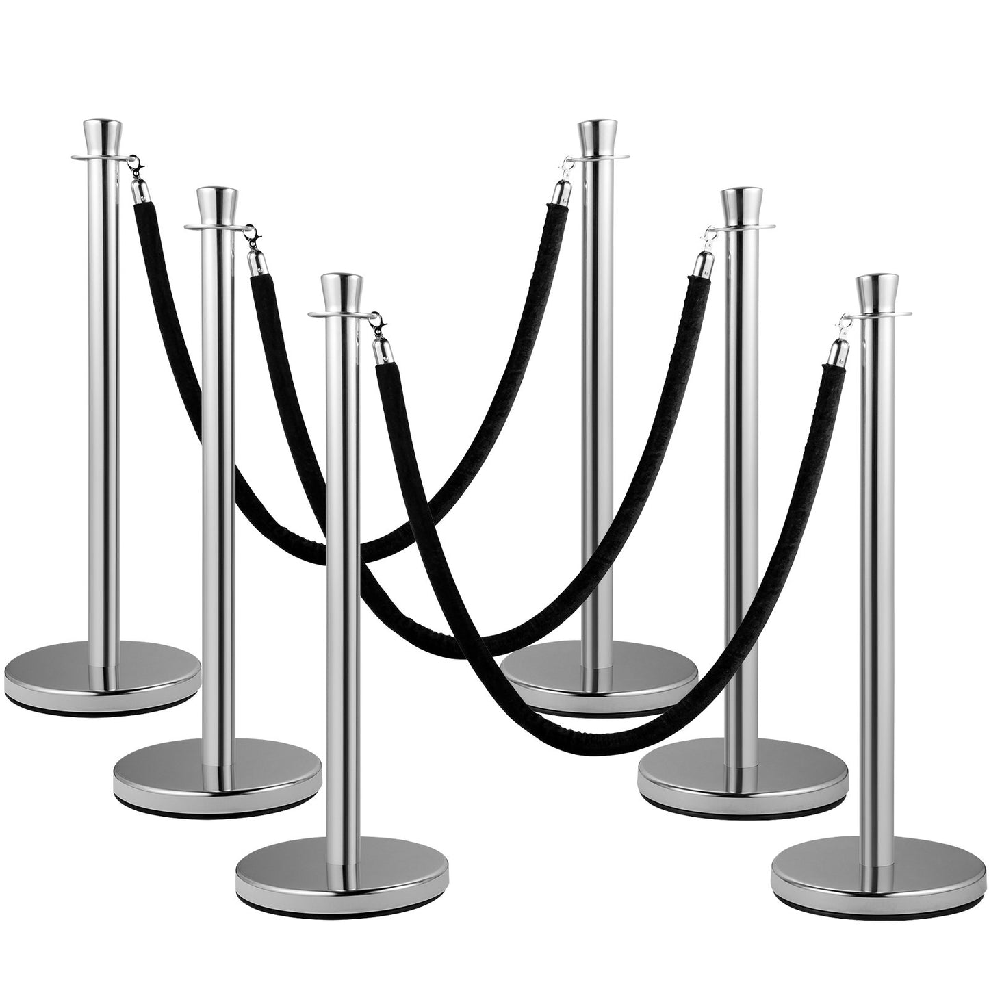 Crowd Control Stång, Set med 2 delar Stång Set, Stång Set med 5 fot/1,5 m svart sammetsrep, Silver Crowd Control Barriär med robust betong och metallbas - Enkel montering