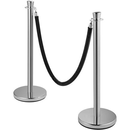 Crowd Control Stång, Set med 2 delar Stång Set, Stång Set med 5 fot/1,5 m svart sammetsrep, Silver Crowd Control Barriär med robust betong och metallbas - Enkel montering