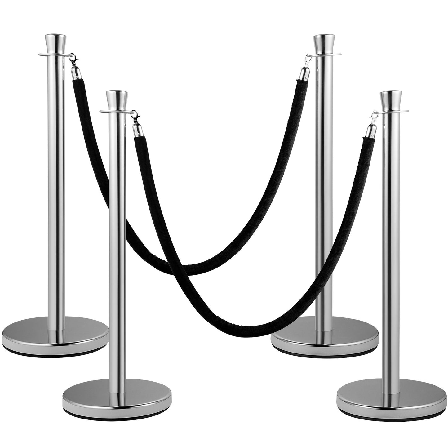 Crowd Control Stång, Set med 2 delar Stång Set, Stång Set med 5 fot/1,5 m svart sammetsrep, Silver Crowd Control Barriär med robust betong och metallbas - Enkel montering