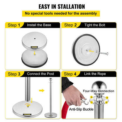 Crowd Control Stång, Set med 8 delar Stång Set, Stång Set med 5 fot/1,5 m rött sammetsrep, Silver Crowd Control Barriär med robust betong och metallbas – Easy Connect Montering
