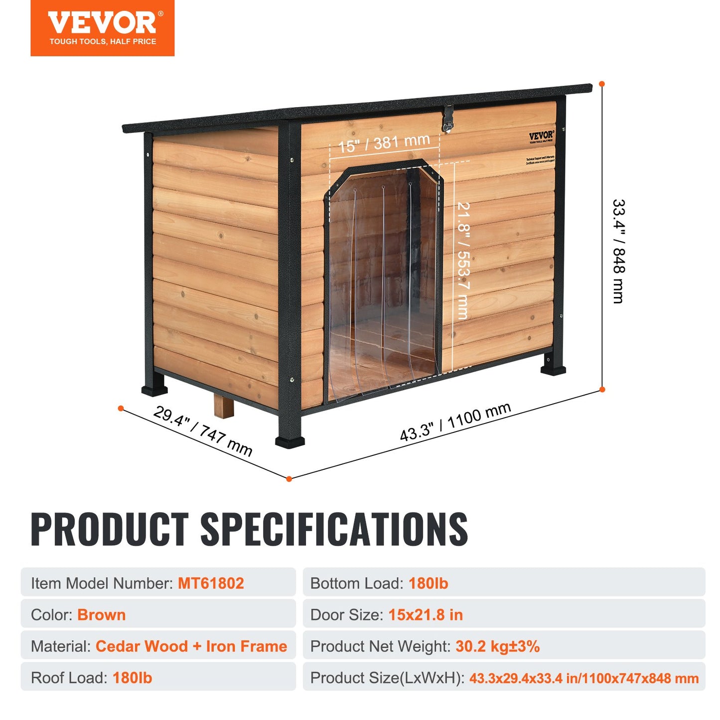 Outdoor Dog House, vattentätt isolerat hundhus med förhöjt golv, Anti-Bite Wood Hund House utomhus järnstomme, öppet tak, för medelstora till stora hundar