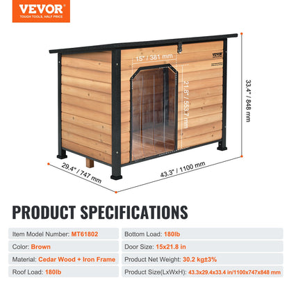 Outdoor Dog House, vattentätt isolerat hundhus med förhöjt golv, Anti-Bite Wood Hund House utomhus järnstomme, öppet tak, för medelstora till stora hundar