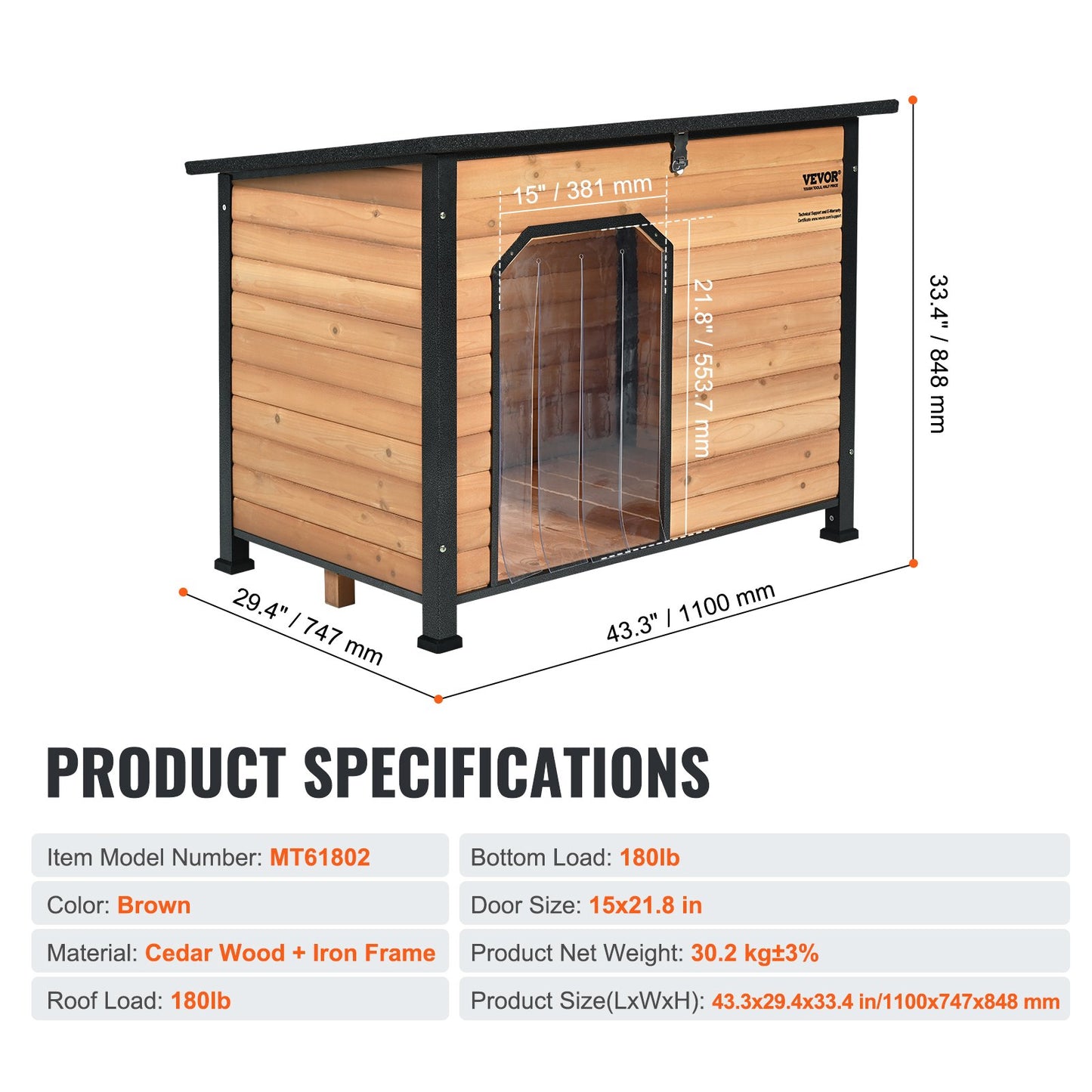 Outdoor Dog House, vattentätt isolerat hundhus med förhöjt golv, Anti-Bite Wood Hund House utomhus järnstomme, öppet tak, för medelstora till stora hundar