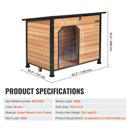 Outdoor Dog House, vattentätt isolerat hundhus med förhöjt golv, Anti-Bite Wood Hund House utomhus järnstomme, öppet tak, för medelstora till stora hundar