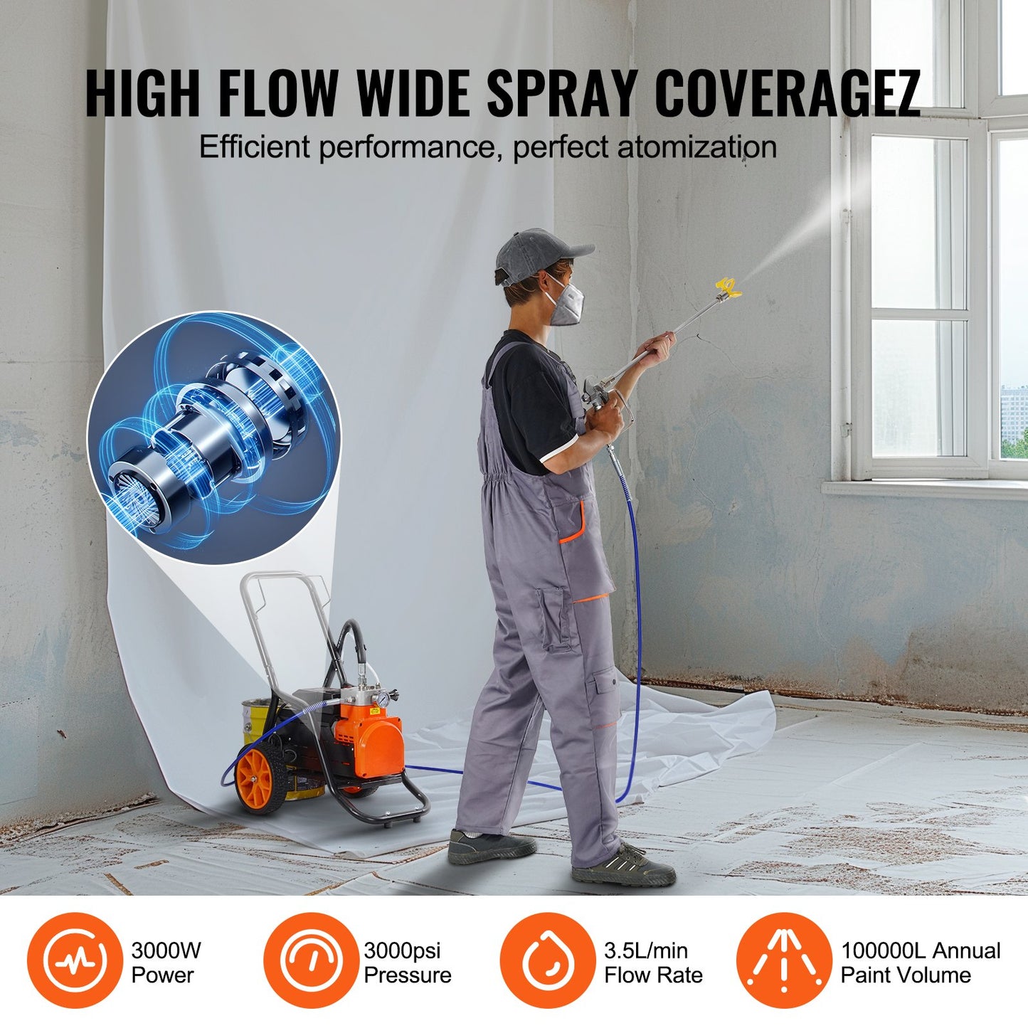 Cart Airless Paint Sprayer Membran Paint Airless Sprayer 1700W Elektrisk