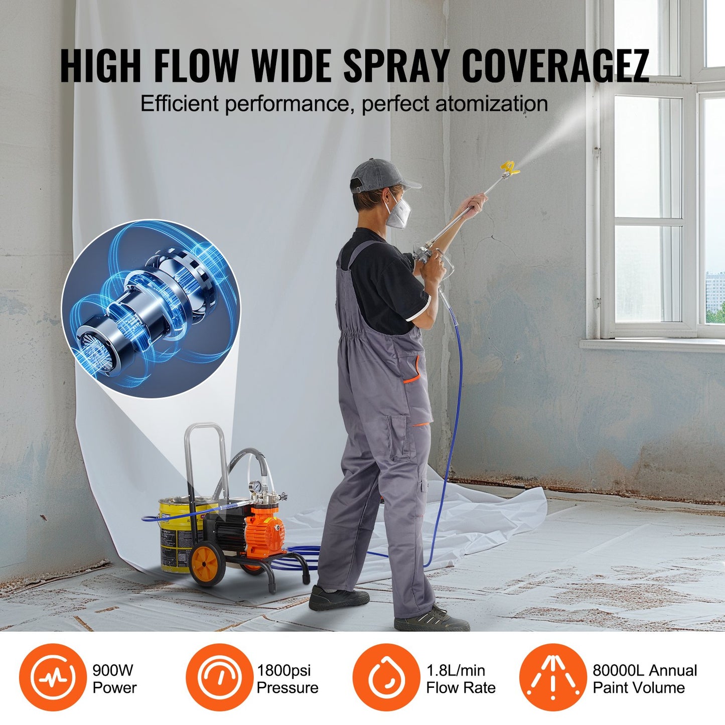 Cart Airless Paint Sprayer Membran Paint Airless Sprayer 900W Elektrisk