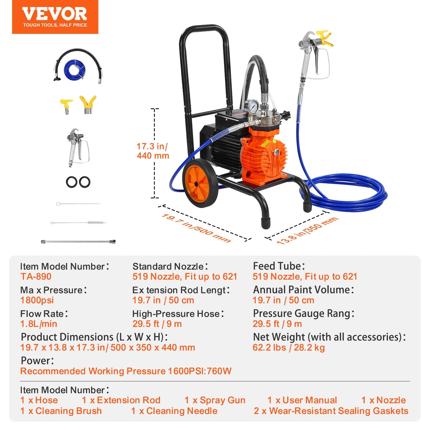 Cart Airless Paint Sprayer Membran Paint Airless Sprayer 900W Elektrisk