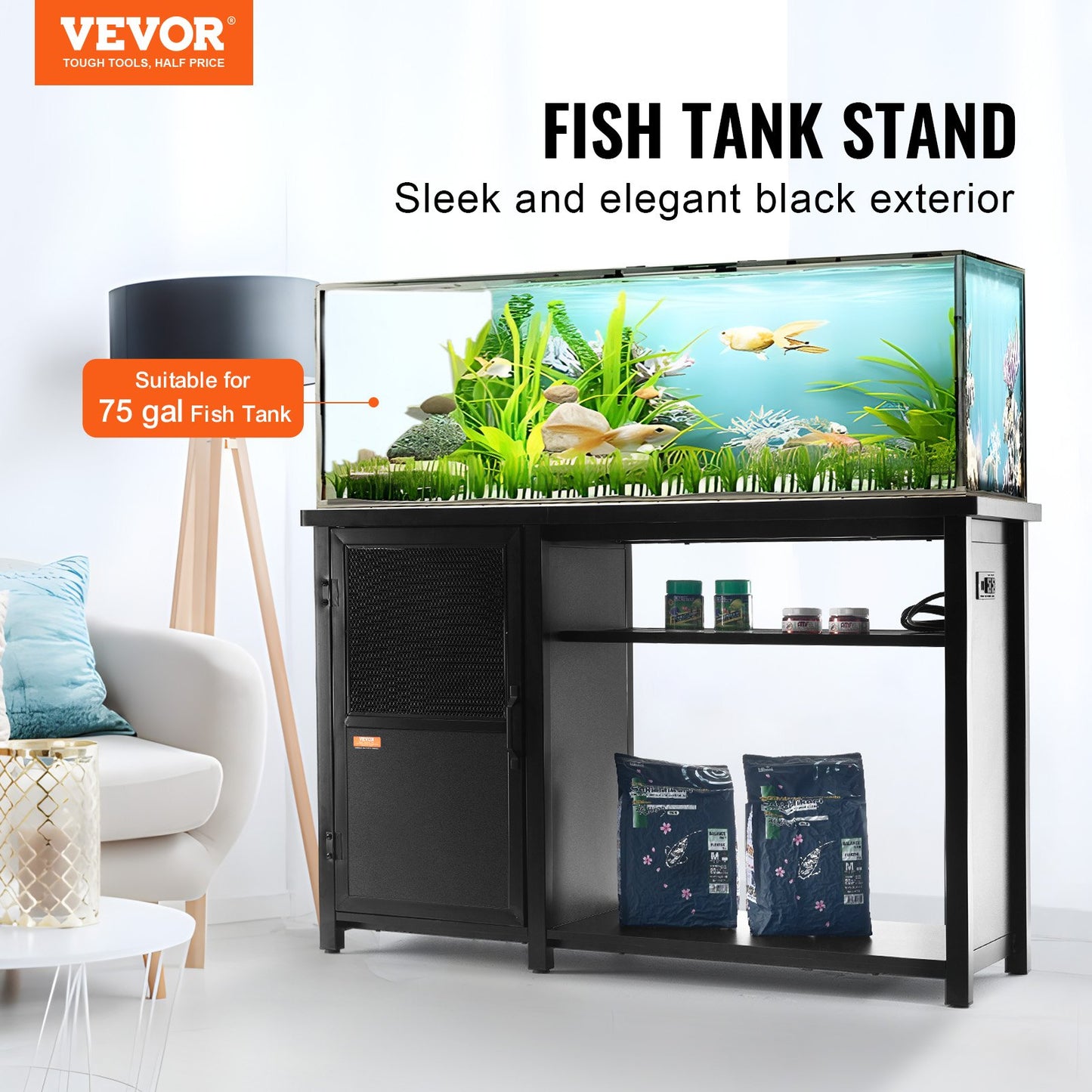 Aquarium Stand, 75 gallon Fish Tank Stand, 52 x 19,7 x 32,3 i stål och MDF Turtle Tank Stand, 626 lbs lastkapacitet, Reptil Tank Stand med förvaringsskåp och inbyggd kraftpanel, svart