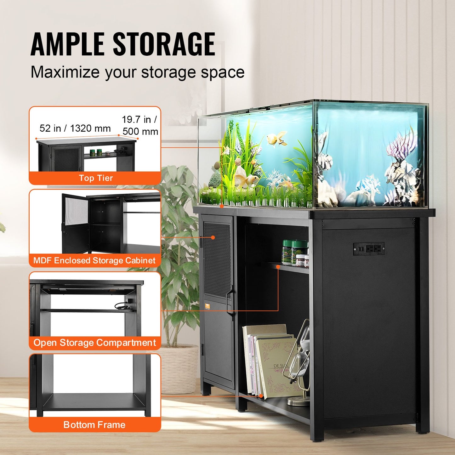 Aquarium Stand, 75 gallon Fish Tank Stand, 52 x 19,7 x 32,3 i stål och MDF Turtle Tank Stand, 626 lbs lastkapacitet, Reptil Tank Stand med förvaringsskåp och inbyggd kraftpanel, svart