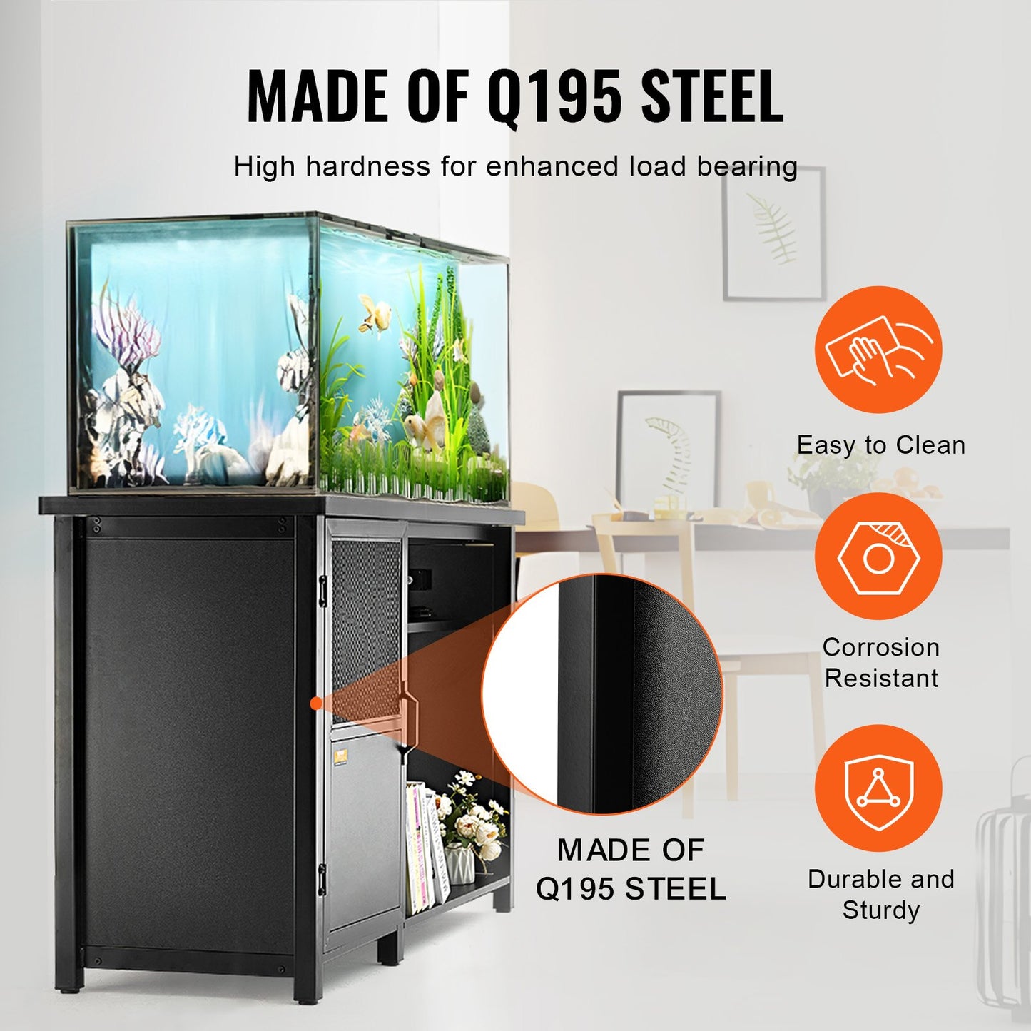 Aquarium Stand, 75 gallon Fish Tank Stand, 52 x 19,7 x 32,3 i stål och MDF Turtle Tank Stand, 626 lbs lastkapacitet, Reptil Tank Stand med förvaringsskåp och inbyggd kraftpanel, svart