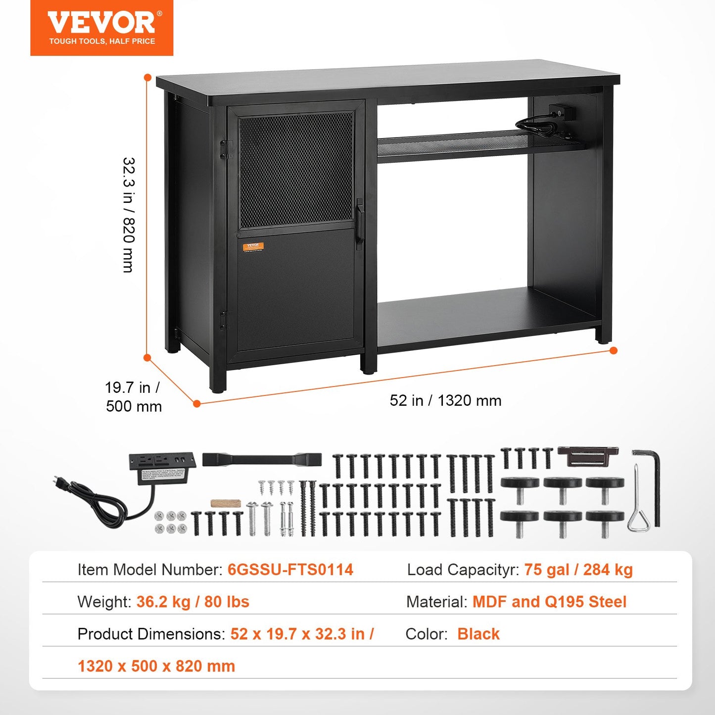 Aquarium Stand, 75 gallon Fish Tank Stand, 52 x 19,7 x 32,3 i stål och MDF Turtle Tank Stand, 626 lbs lastkapacitet, Reptil Tank Stand med förvaringsskåp och inbyggd kraftpanel, svart