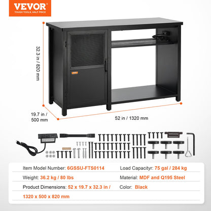 Aquarium Stand, 75 gallon Fish Tank Stand, 52 x 19,7 x 32,3 i stål och MDF Turtle Tank Stand, 626 lbs lastkapacitet, Reptil Tank Stand med förvaringsskåp och inbyggd kraftpanel, svart