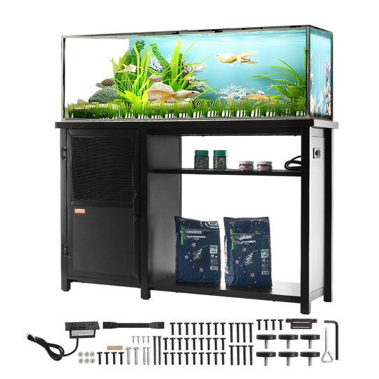 Aquariumständer, 75-Gallonen-Fischtankständer, 52 x 19,7 x 32,3 Zoll Stahl- und MDF-Schildkrötentankständer, 626 lbs Tragkraft, Reptilientankständer mit Lagerschrank und eingebautem Power Panel, Schwarz