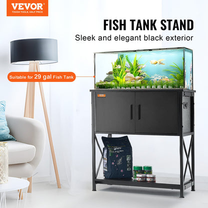 Aquarium Stand, 29 gallon Fish Tank Stand, 28,7 x 16,5 x 30 i stål och MDF Turtle Tank Stand, 242,5 lbs lastkapacitet, Reptil Tank Stand med förvaringsskåp och inbyggd kraftpanel, svart