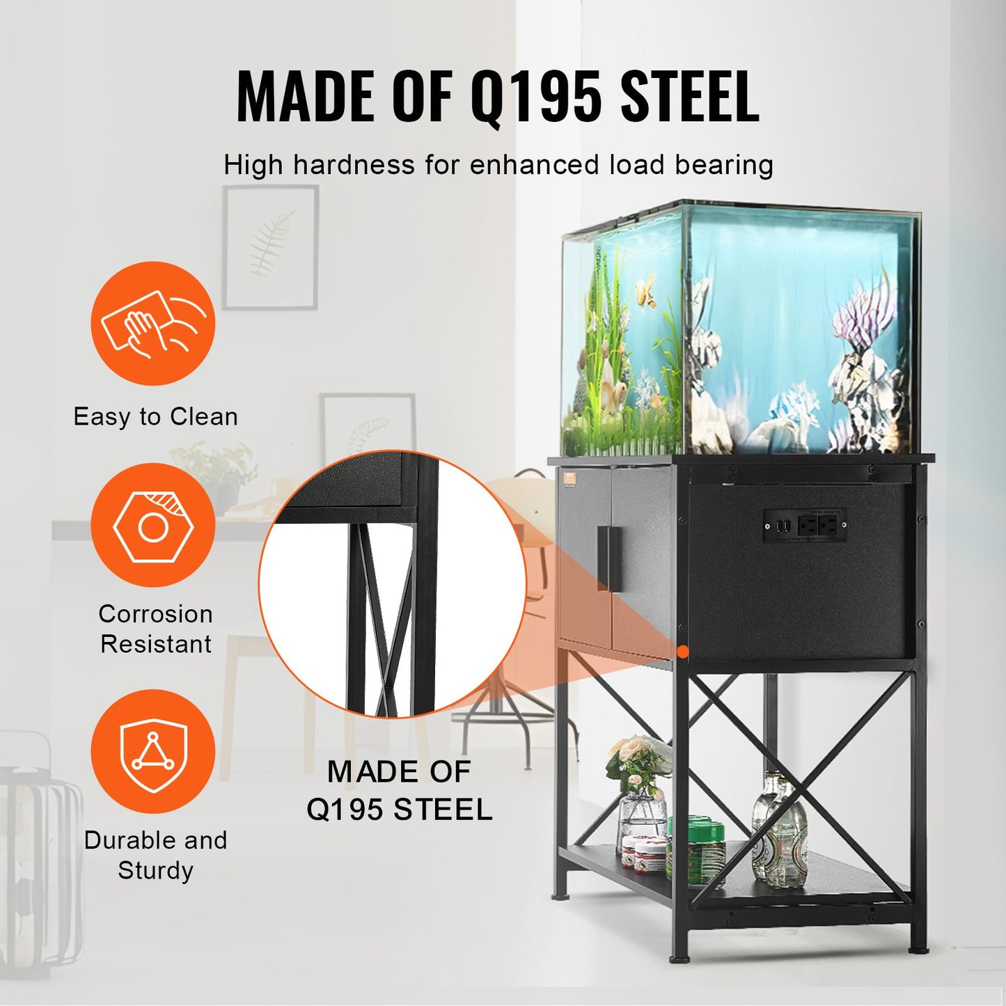 Aquarium Stand, 29 gallon Fish Tank Stand, 28,7 x 16,5 x 30 i stål och MDF Turtle Tank Stand, 242,5 lbs lastkapacitet, Reptil Tank Stand med förvaringsskåp och inbyggd kraftpanel, svart