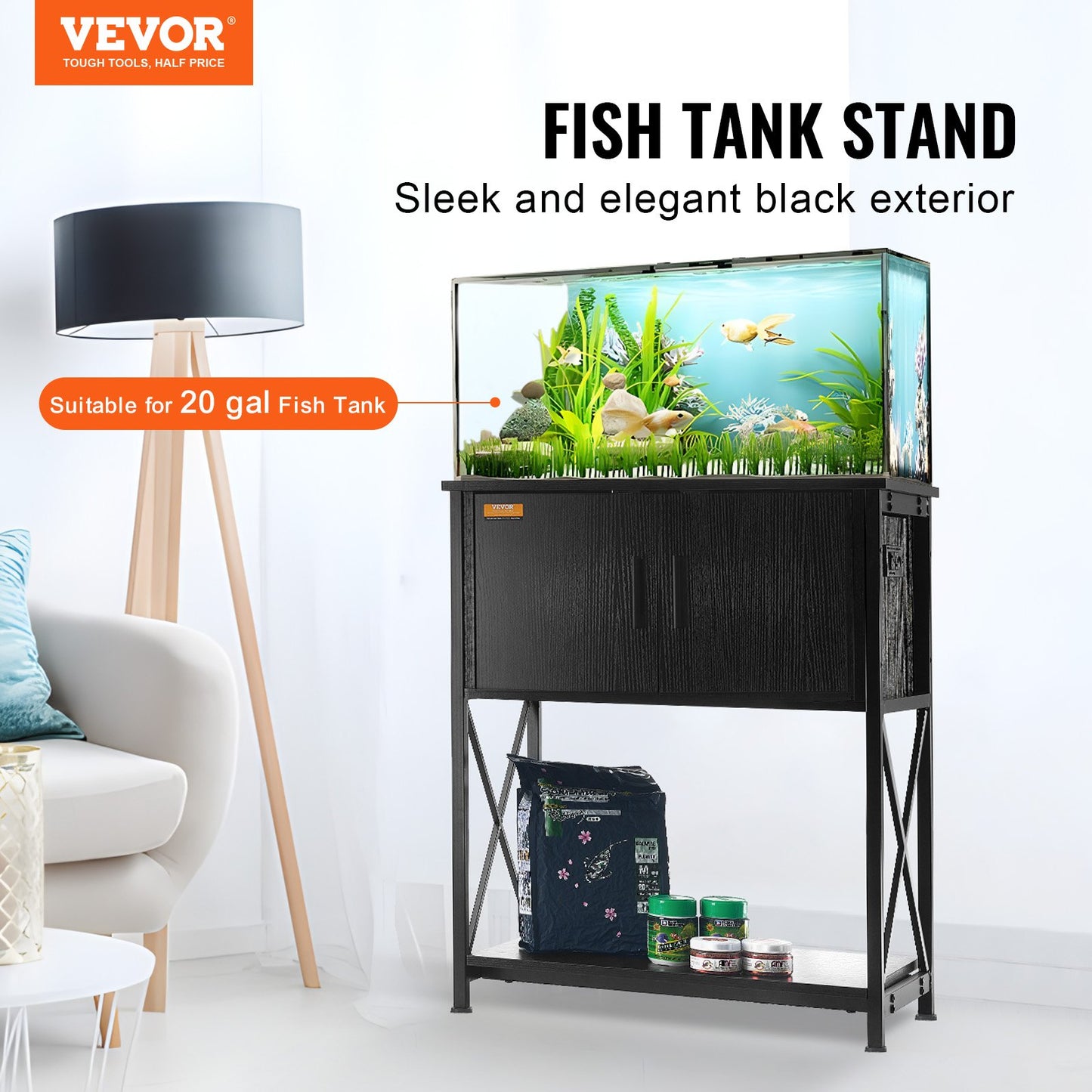 Aquarium Stand, 20 gallon Fish Tank Stand, 25,6 x 16,5 x 31,9 i stål och MDF Turtle Tank Stand, 167,6 lbs lastkapacitet, Reptil Tank Stand med förvaringsskåp och inbyggd kraftpanel, svart